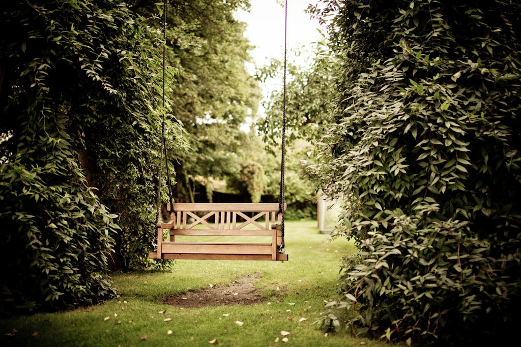 Landesgartenschau 2026 A tranquil wooden swing hanging in a verdant garden setting, ideal for relaxation.
